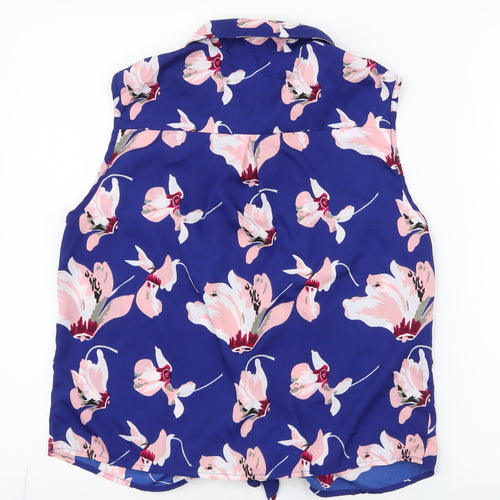 Brave Soul Womens Blue Floral Polyester Basic Blouse Size M Collared - Tie at bottom, button-up
