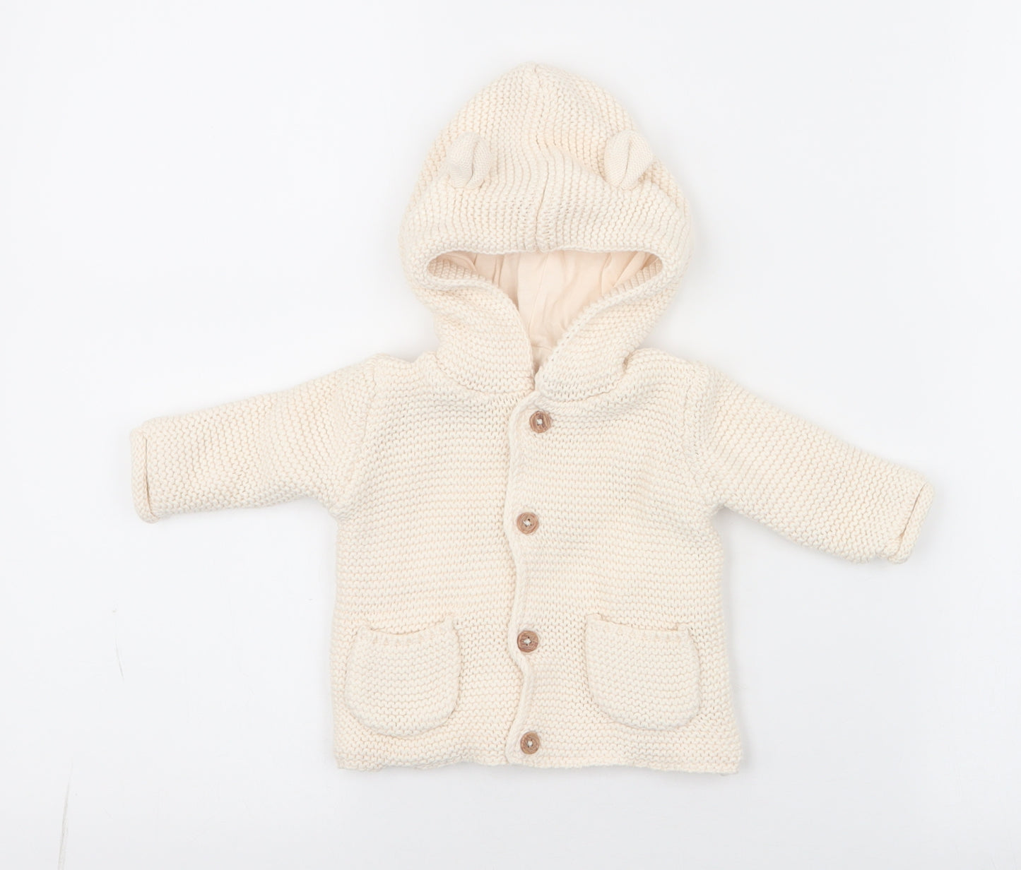 George Baby Ivory  100% Cotton Cardigan Jumper Size 0-3 Months  Button - first size , new born , ears on hood