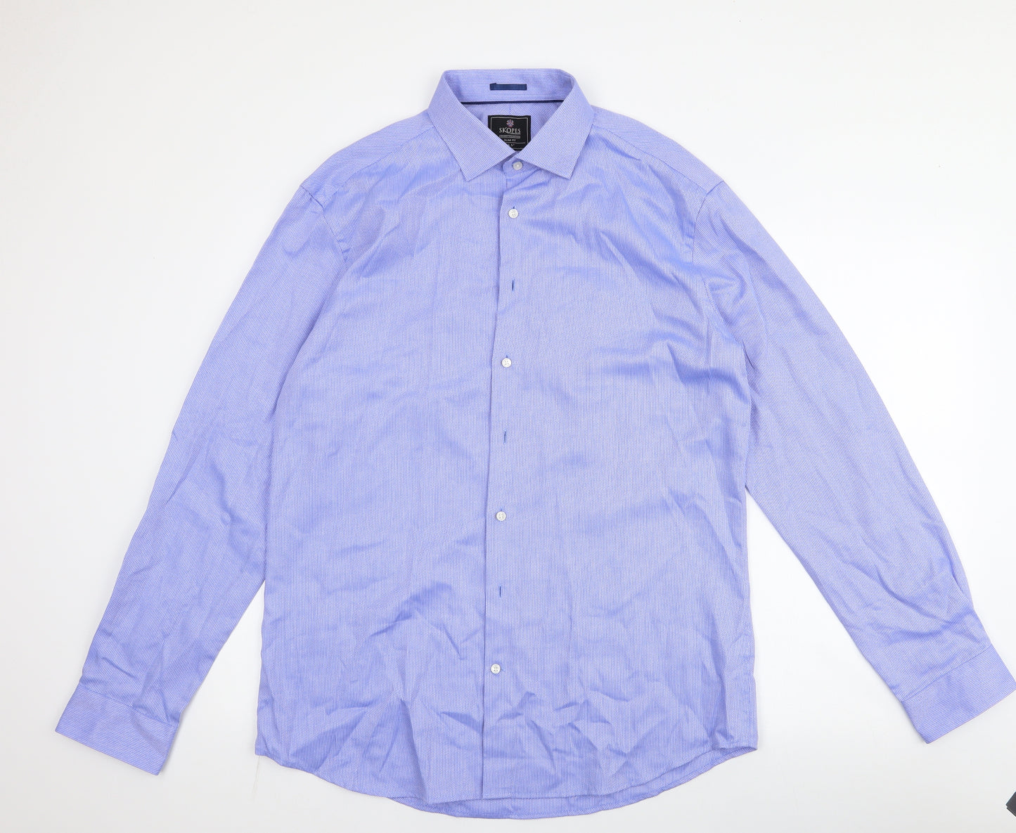 Skopes Mens Blue Geometric 100% Cotton  Dress Shirt Size 16.5 Collared Button