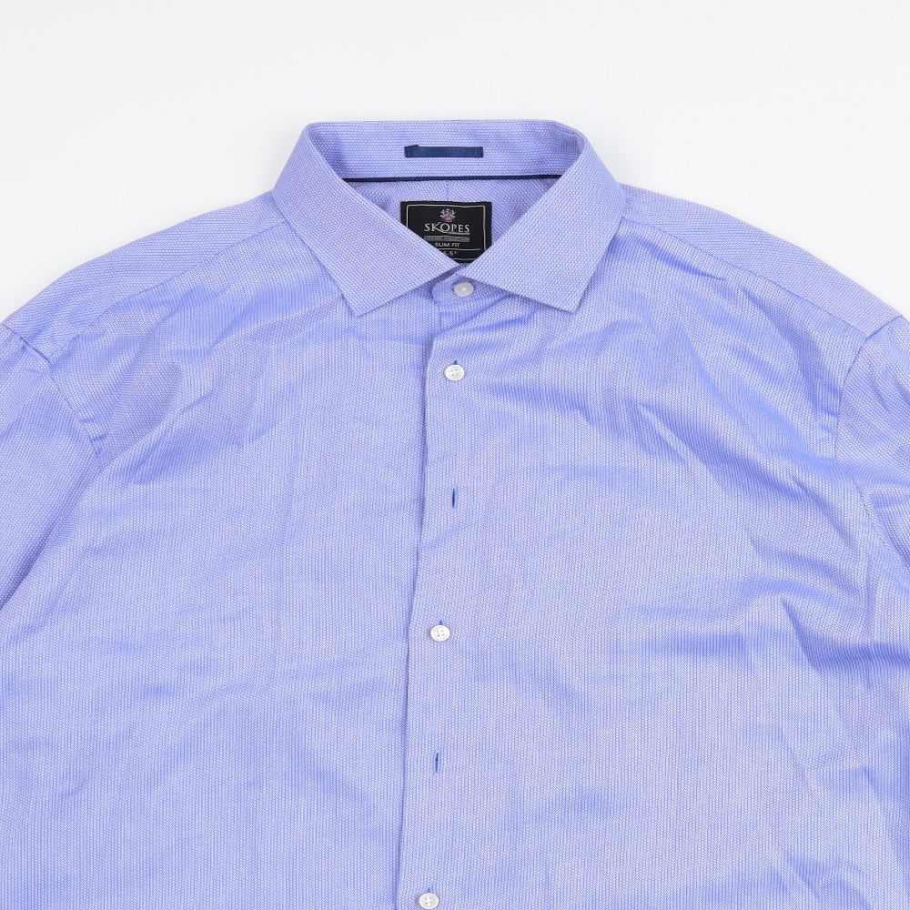 Skopes Mens Blue Geometric 100% Cotton  Dress Shirt Size 16.5 Collared Button