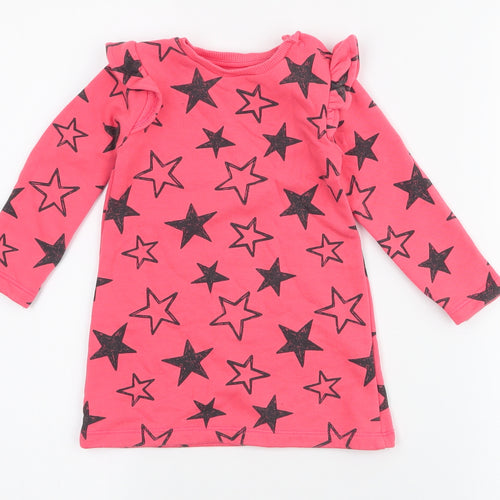 Fred & flo Girls Pink Spotted Cotton A-Line  Size 9-12 Months  Round Neck Button - stars