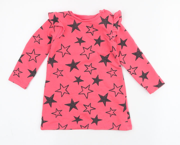 Fred & flo Girls Pink Spotted Cotton A-Line  Size 9-12 Months  Round Neck Button - stars