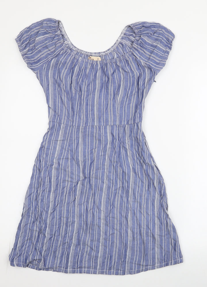 Hollister Womens Blue Striped Viscose Skater Dress Size XS Off the Shoulder Zip