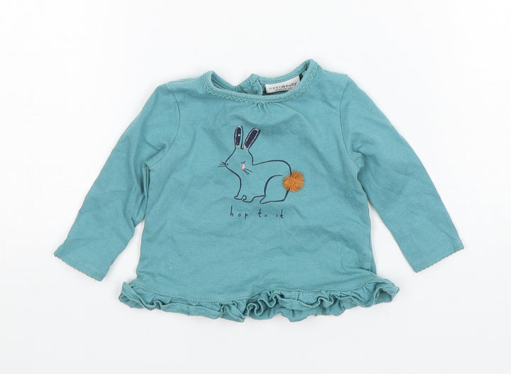 NEXT Girls Green  Cotton Basic T-Shirt Size 3-6 Months Round Neck Pullover - Rabbit Print