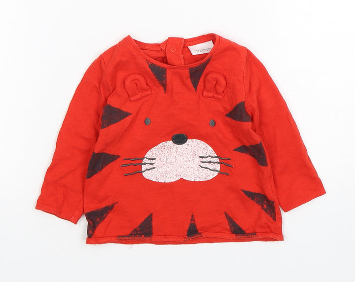 NEXT Boys Red Geometric Cotton Basic T-Shirt Size 3-6 Months Round Neck Pullover - Tiger Print