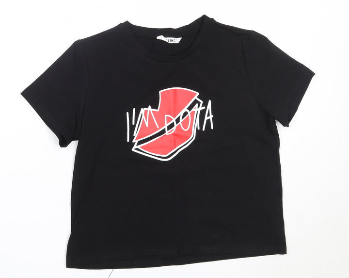 SheIn Girls Black Cotton Basic T-Shirt Size 11-12 Years Round Neck