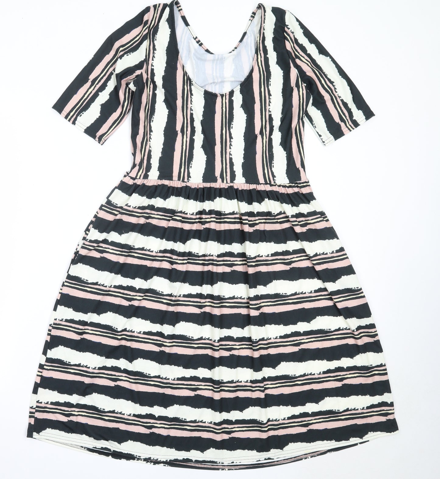 Popsy Womens Ivory Striped Polyester Fit & Flare  Size 10  Round Neck