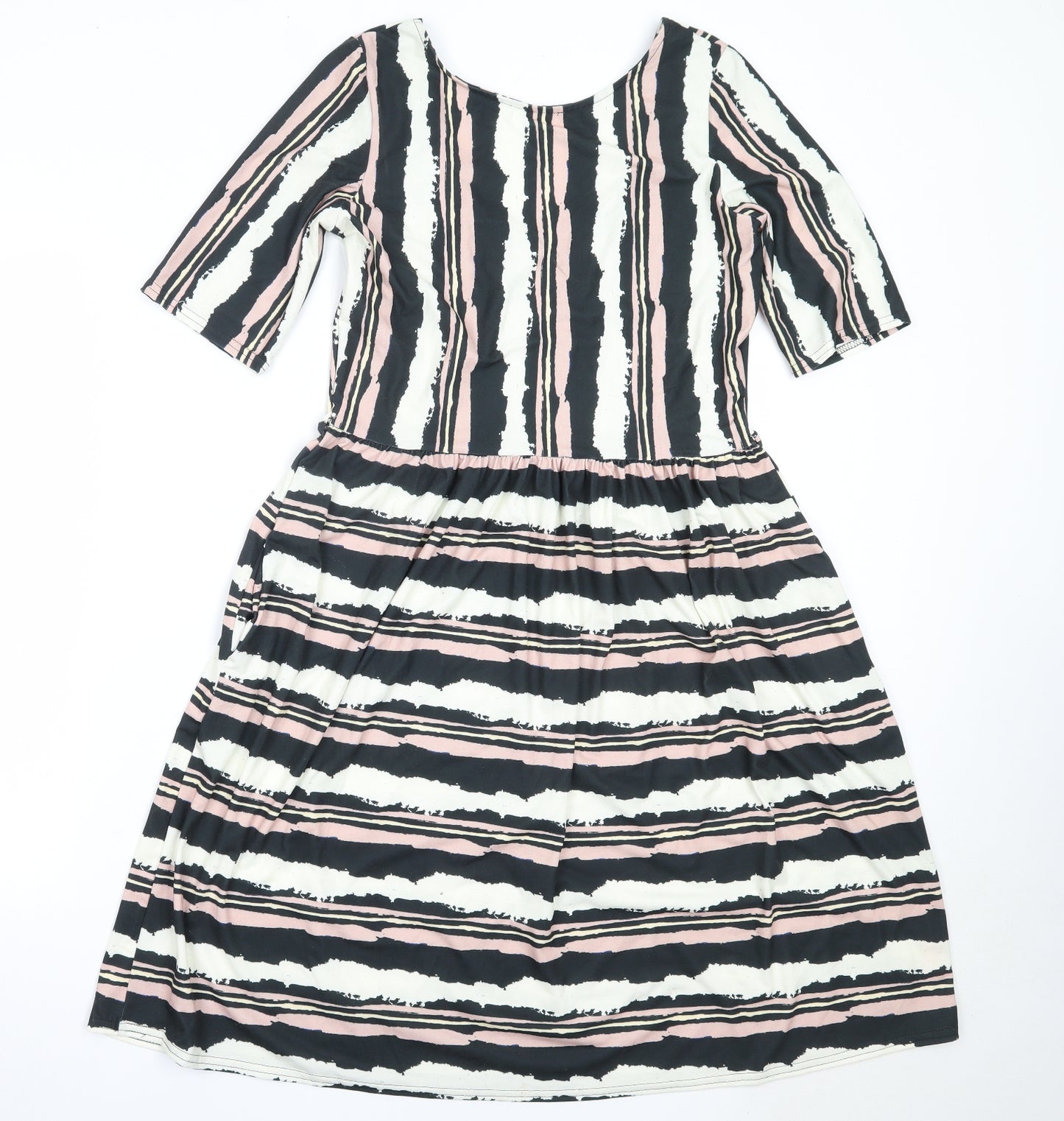 Popsy Womens Ivory Striped Polyester Fit & Flare  Size 10  Round Neck