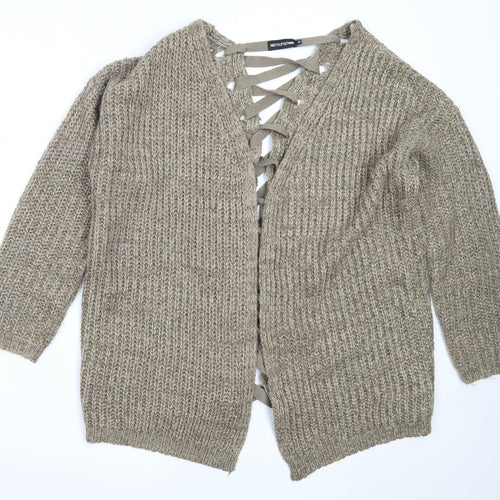 PRETTYLITTLETHING Womens Brown Round Neck  Acrylic Cardigan Jumper Size 10