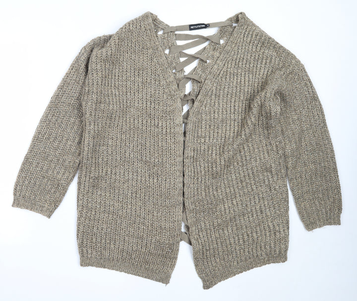 PRETTYLITTLETHING Womens Brown Round Neck Acrylic Cardigan Jumper Size 10