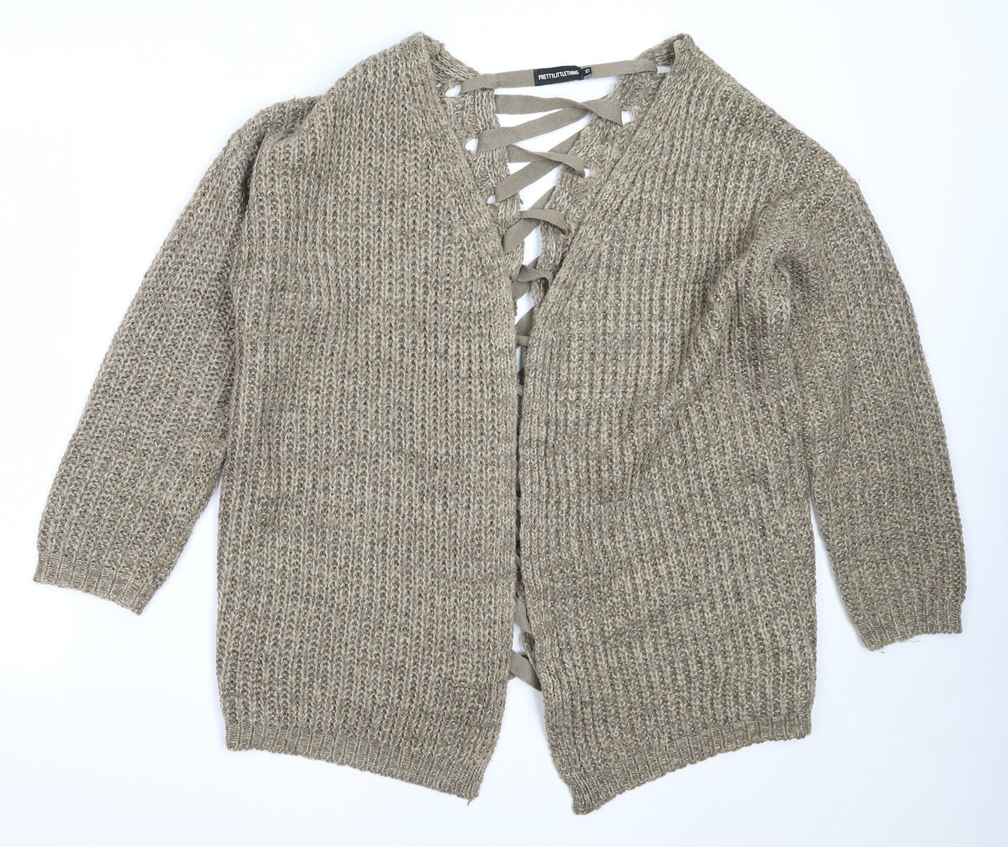 PRETTYLITTLETHING Womens Brown Round Neck  Acrylic Cardigan Jumper Size 10
