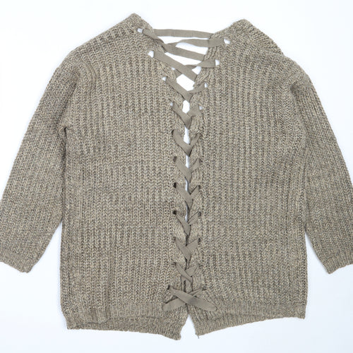 PRETTYLITTLETHING Womens Brown Round Neck  Acrylic Cardigan Jumper Size 10