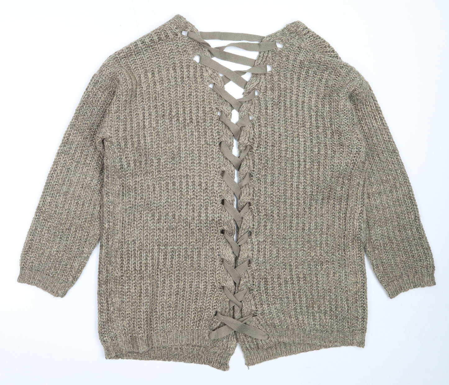 PRETTYLITTLETHING Womens Brown Round Neck  Acrylic Cardigan Jumper Size 10