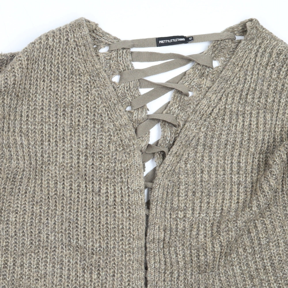 PRETTYLITTLETHING Womens Brown Round Neck  Acrylic Cardigan Jumper Size 10