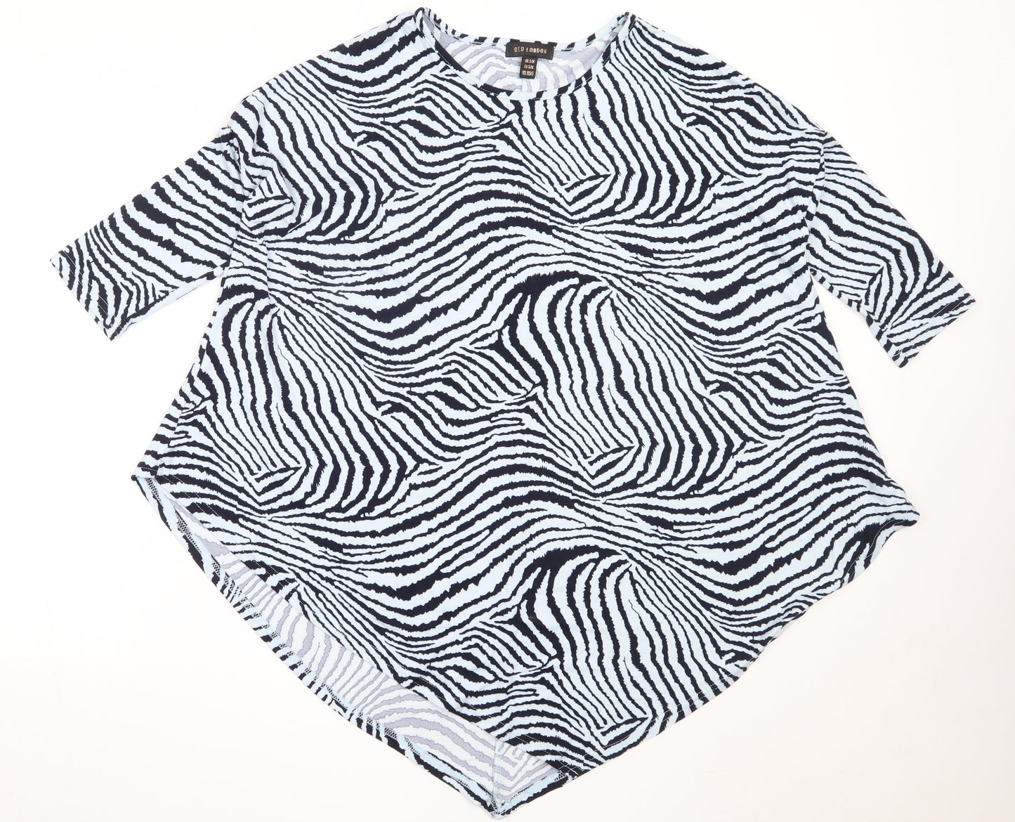 QED London Womens Blue Animal Print Polyester Basic T-Shirt Size S Round Neck