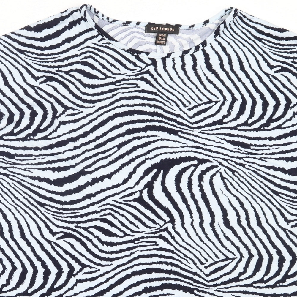 QED London Womens Blue Animal Print Polyester Basic T-Shirt Size S Round Neck