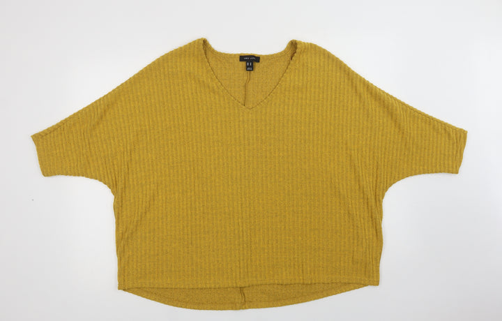 New Look Womens Yellow V-Neck  Polyester Pullover Jumper Size M