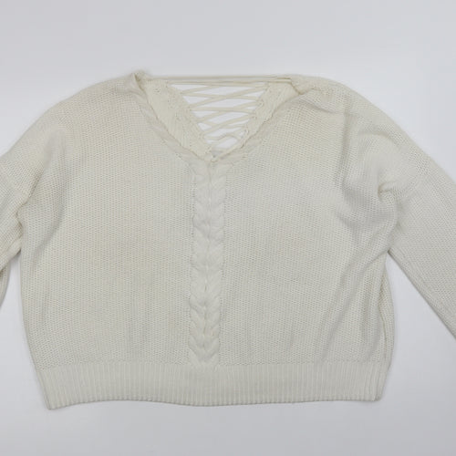 Miss Selfridge Womens White V-Neck   Pullover Jumper Size 16