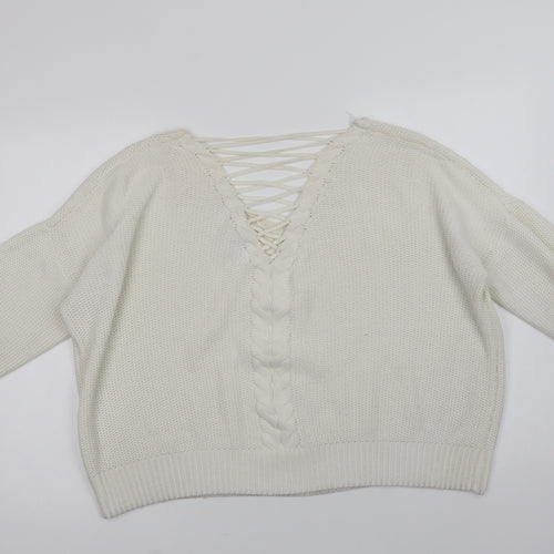 Miss Selfridge Womens White V-Neck   Pullover Jumper Size 16