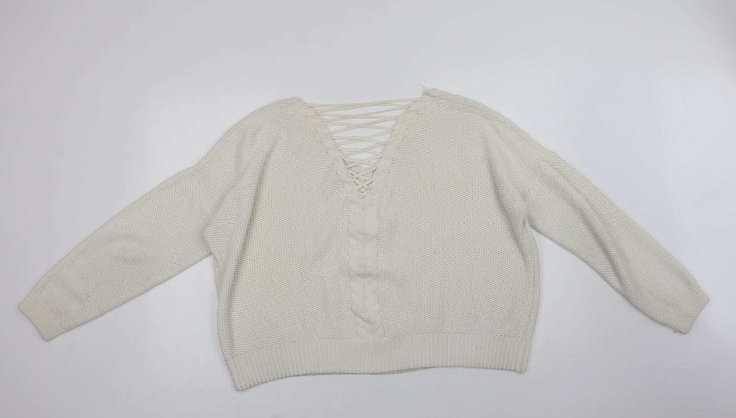 Miss Selfridge Womens White V-Neck   Pullover Jumper Size 16