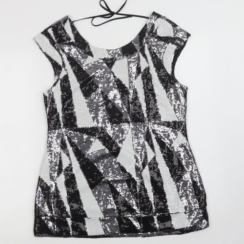 Julien Macdonald Womens Black Geometric Polyamide Basic Blouse Size 14 Round Neck