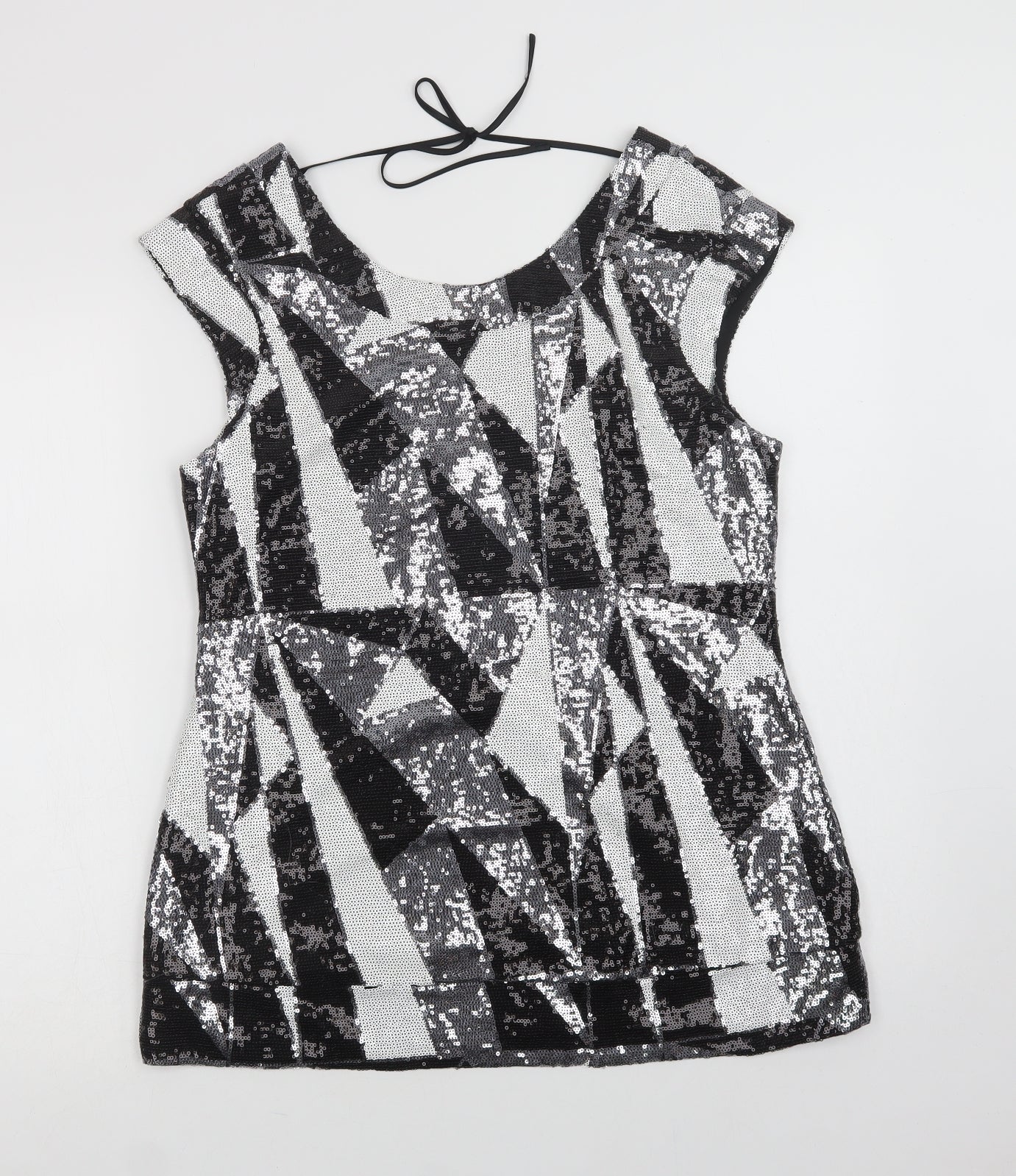Julien Macdonald Womens Black Geometric Polyamide Basic Blouse Size 14 Round Neck