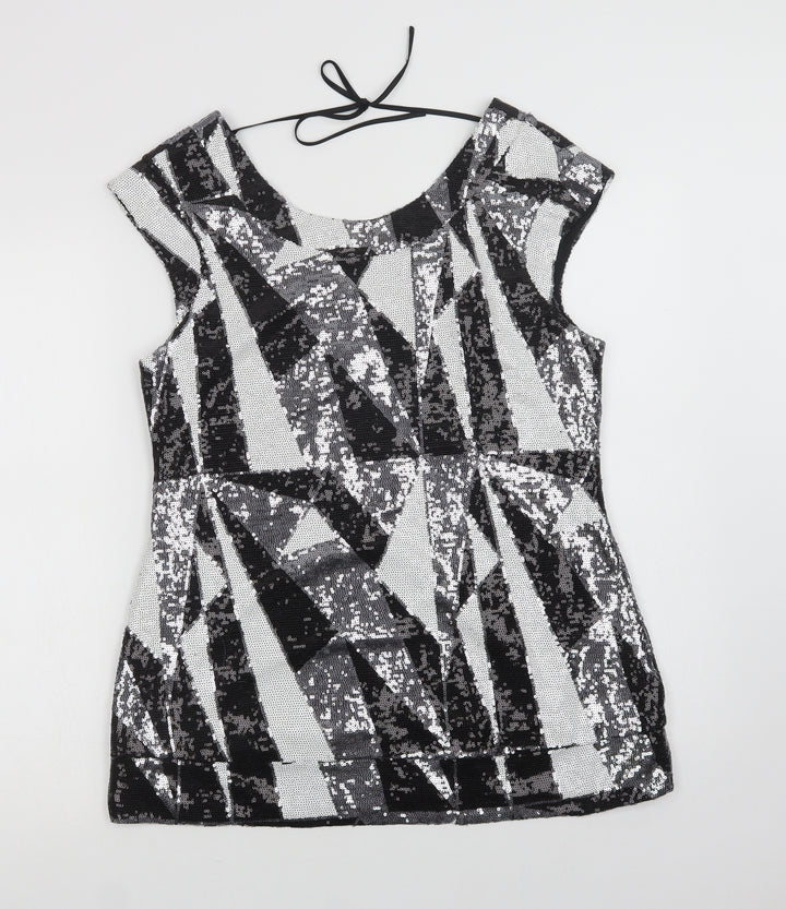 Julien Macdonald Womens Black Geometric Polyamide Basic Blouse Size 14 Round Neck