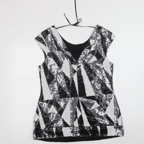 Julien Macdonald Womens Black Geometric Polyamide Basic Blouse Size 14 Round Neck