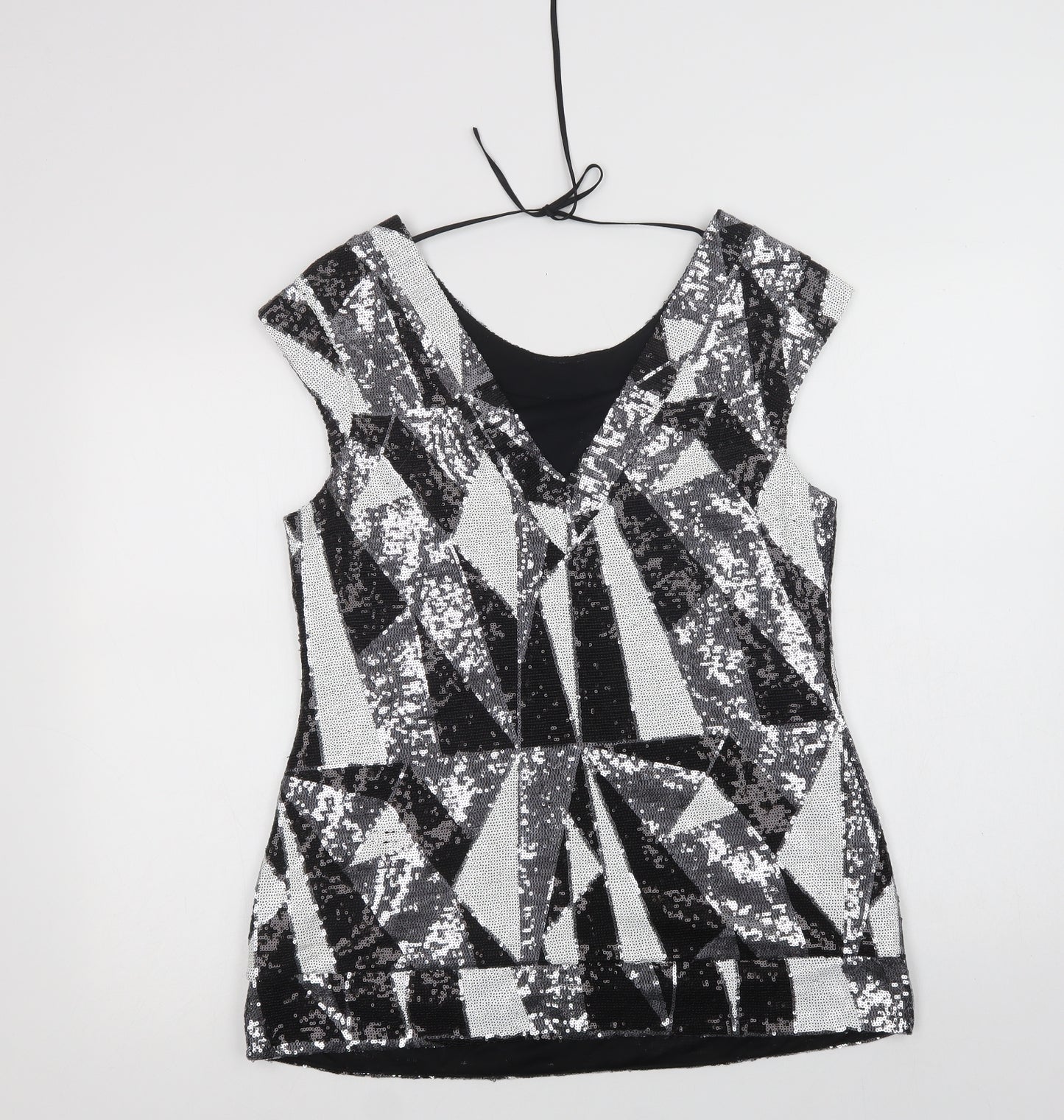 Julien Macdonald Womens Black Geometric Polyamide Basic Blouse Size 14 Round Neck