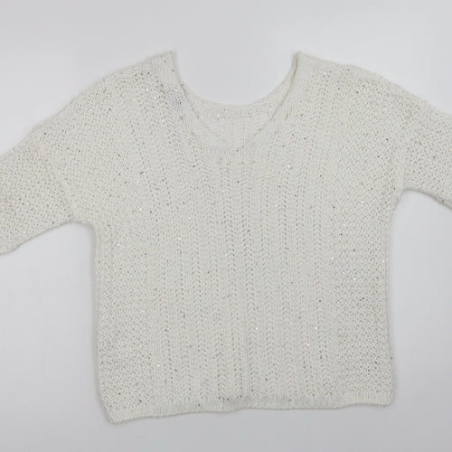 NEXT Womens White V-Neck  Acrylic Pullover Jumper Size M