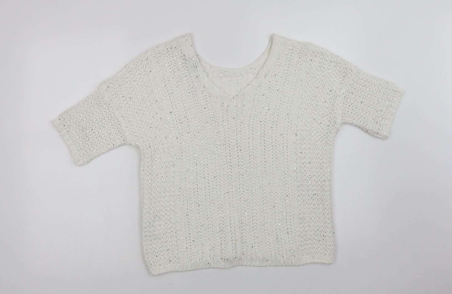 NEXT Womens White V-Neck  Acrylic Pullover Jumper Size M