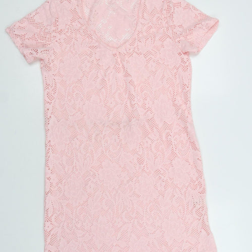 You & Me Womens Pink Floral Polyester T-Shirt Dress  Size S  V-Neck