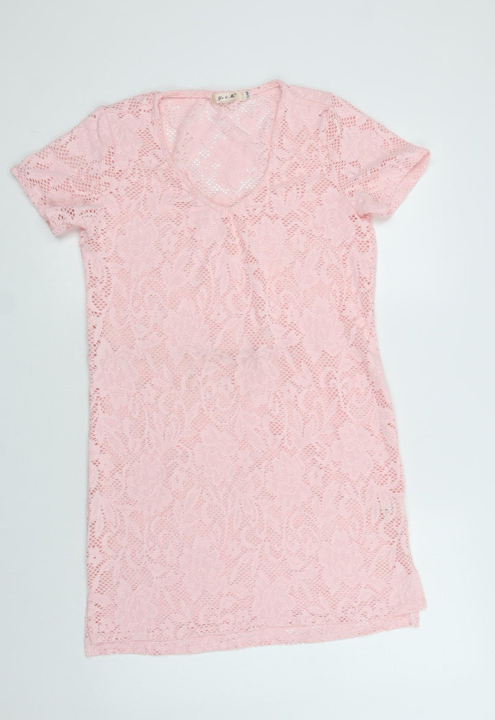 You & Me Womens Pink Floral Polyester T-Shirt Dress  Size S  V-Neck