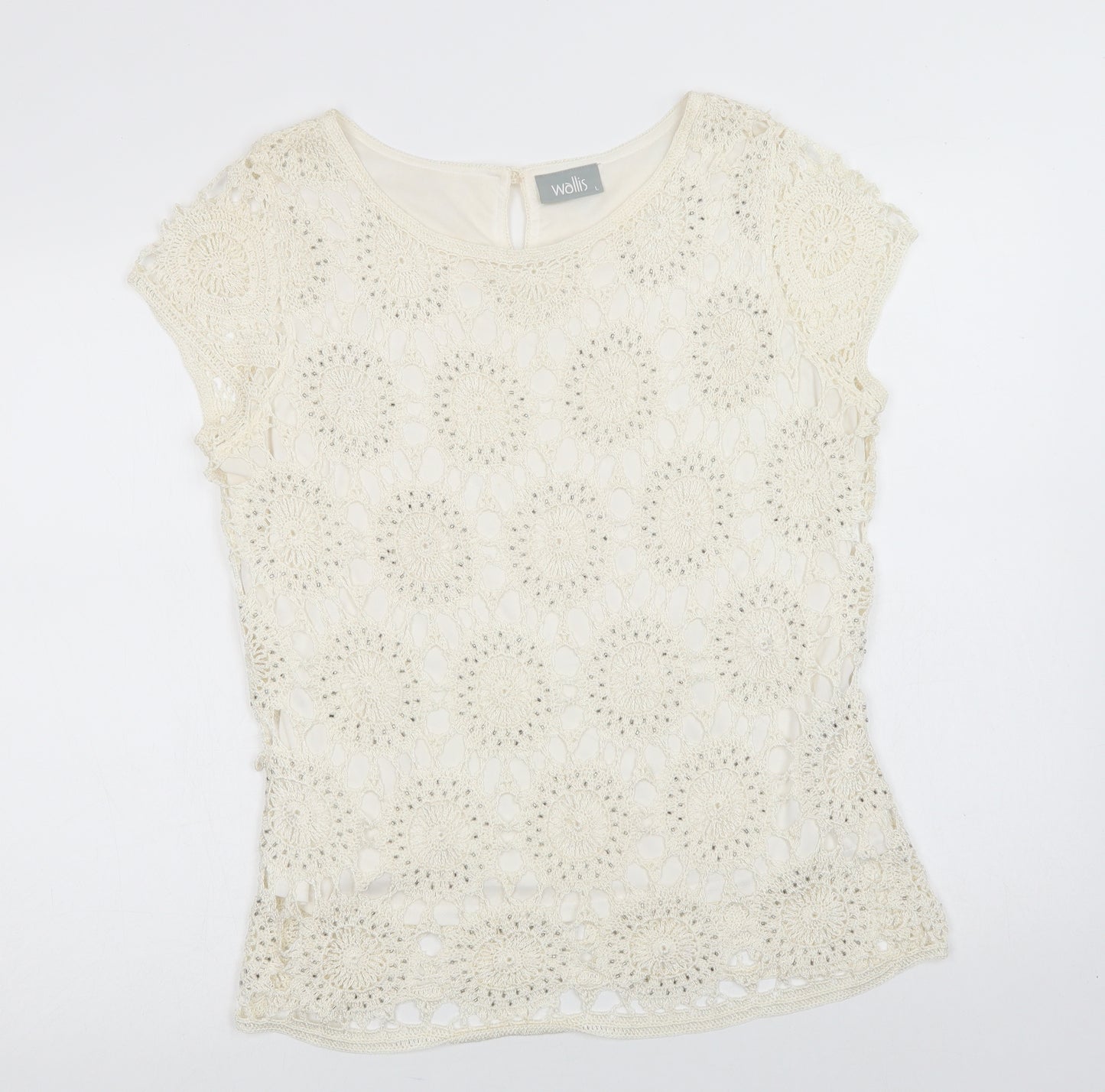 Wallis Womens Ivory  Viscose Basic Blouse Size L Round Neck - Lace Overlay