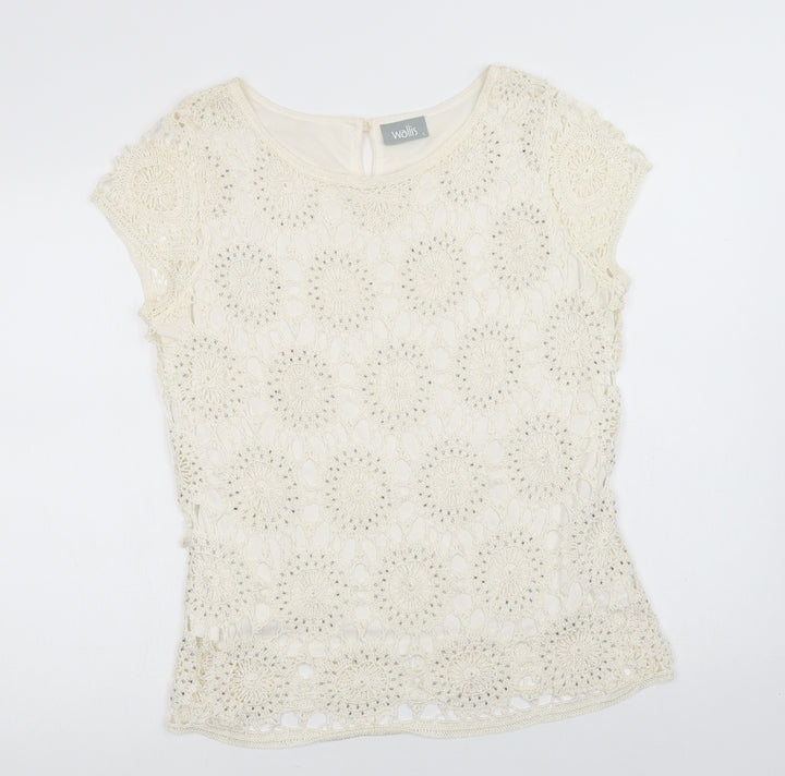 Wallis Womens Ivory  Viscose Basic Blouse Size L Round Neck - Lace Overlay