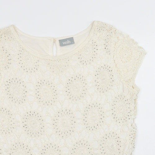 Wallis Womens Ivory  Viscose Basic Blouse Size L Round Neck - Lace Overlay