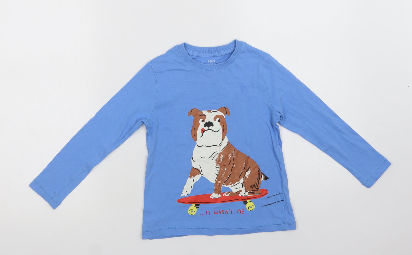 Marks and Spencer Boys Blue  Cotton Basic T-Shirt Size 4-5 Years Crew Neck  - Dog