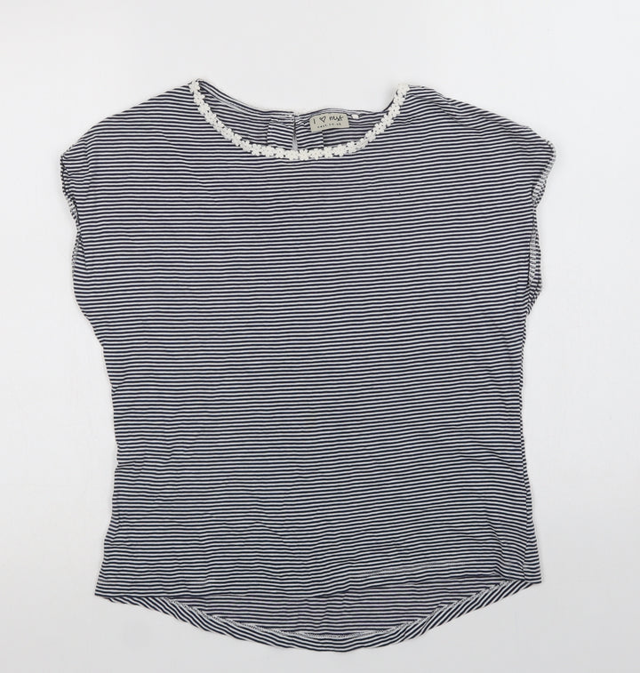 NEXT Girls Blue Striped Cotton Basic T-Shirt Size 12 Years Crew Neck