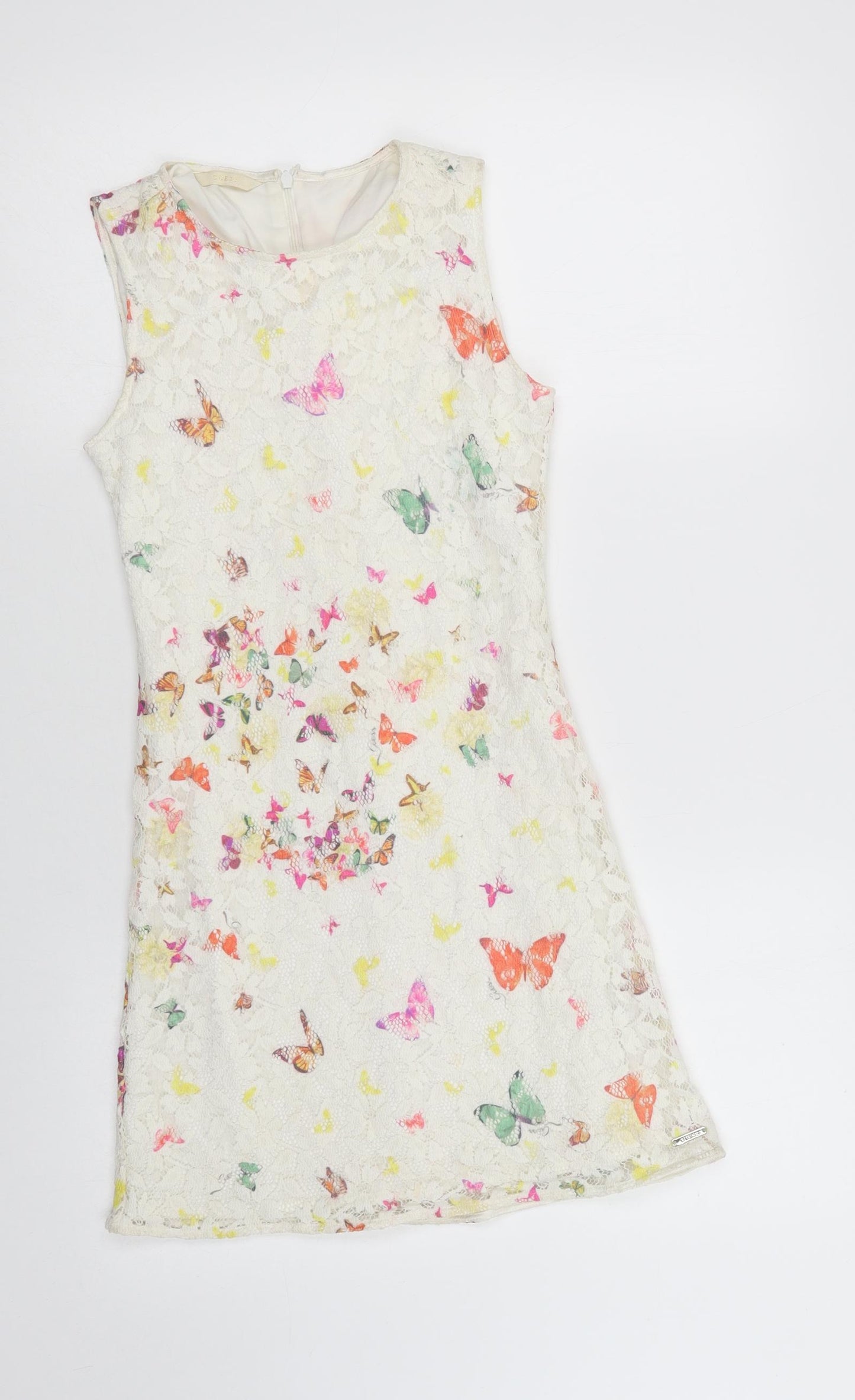 GUESS Girls White  Polyamide Shift  Size 12 Years  Crew Neck Zip - Butterfly Print