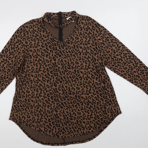 Gerard Womens Brown V-Neck Animal Print Polyester Pullover Jumper Size 14