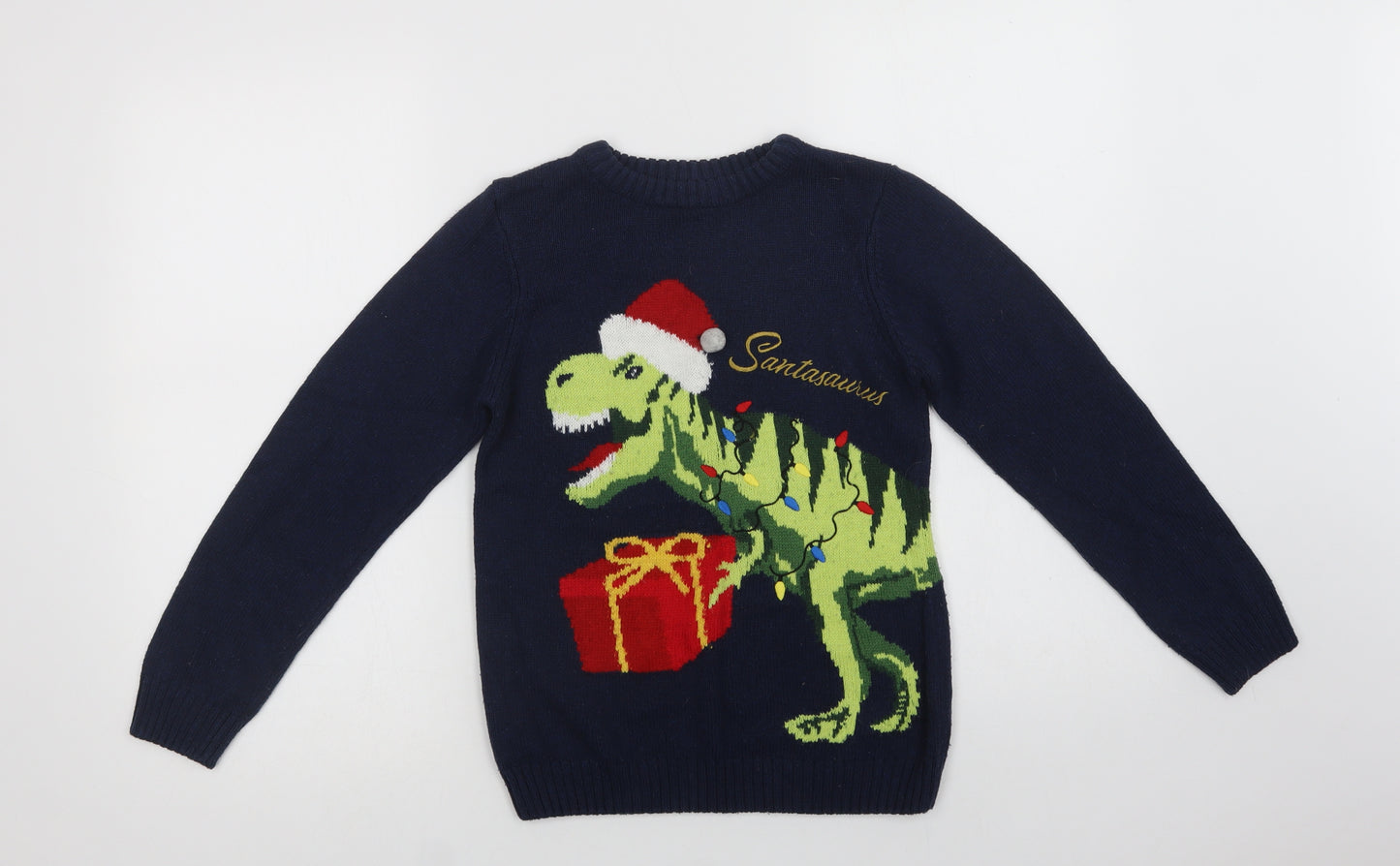 NEXT Boys Blue Crew Neck  Acrylic Pullover Jumper Size 9 Years   - Dinosaur Christmas