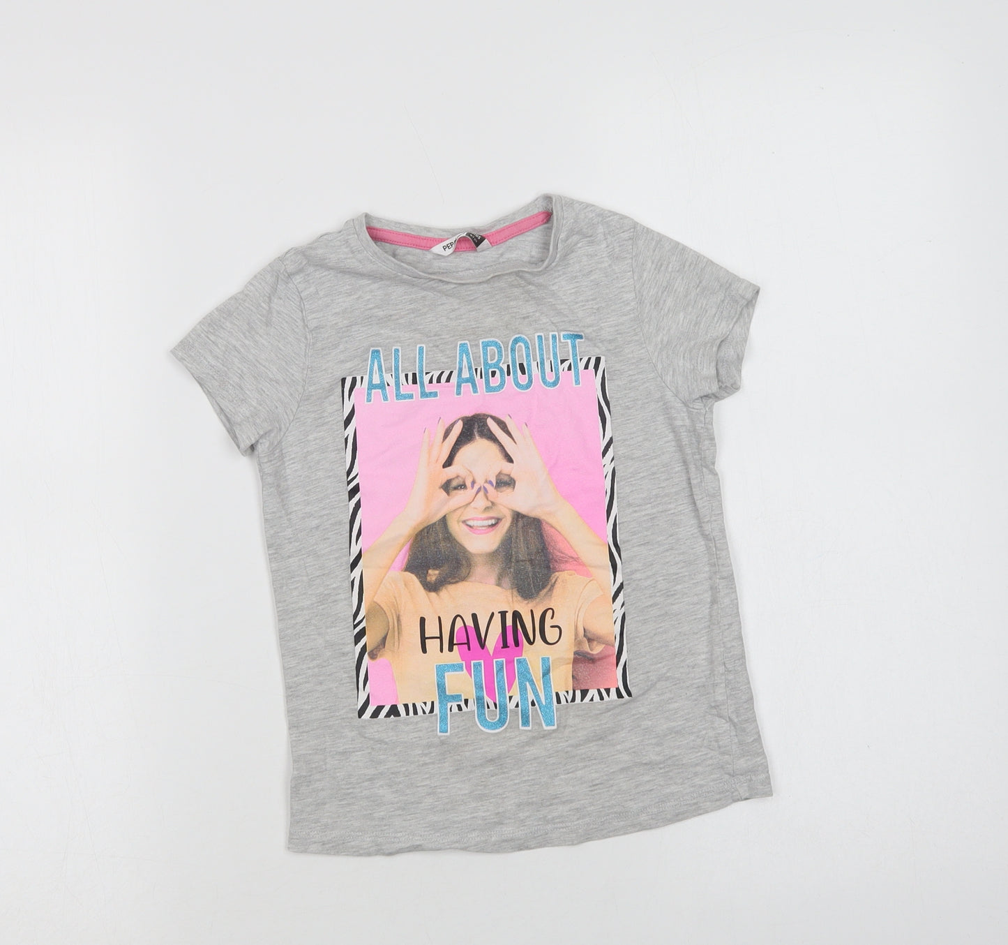 Pep & Co Girls Grey  Cotton Basic T-Shirt Size 6-7 Years Crew Neck  - Having Fun