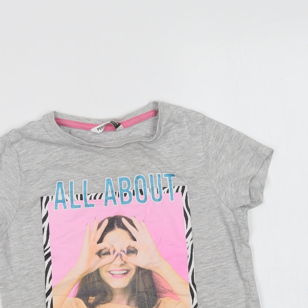 Pep & Co Girls Grey  Cotton Basic T-Shirt Size 6-7 Years Crew Neck  - Having Fun