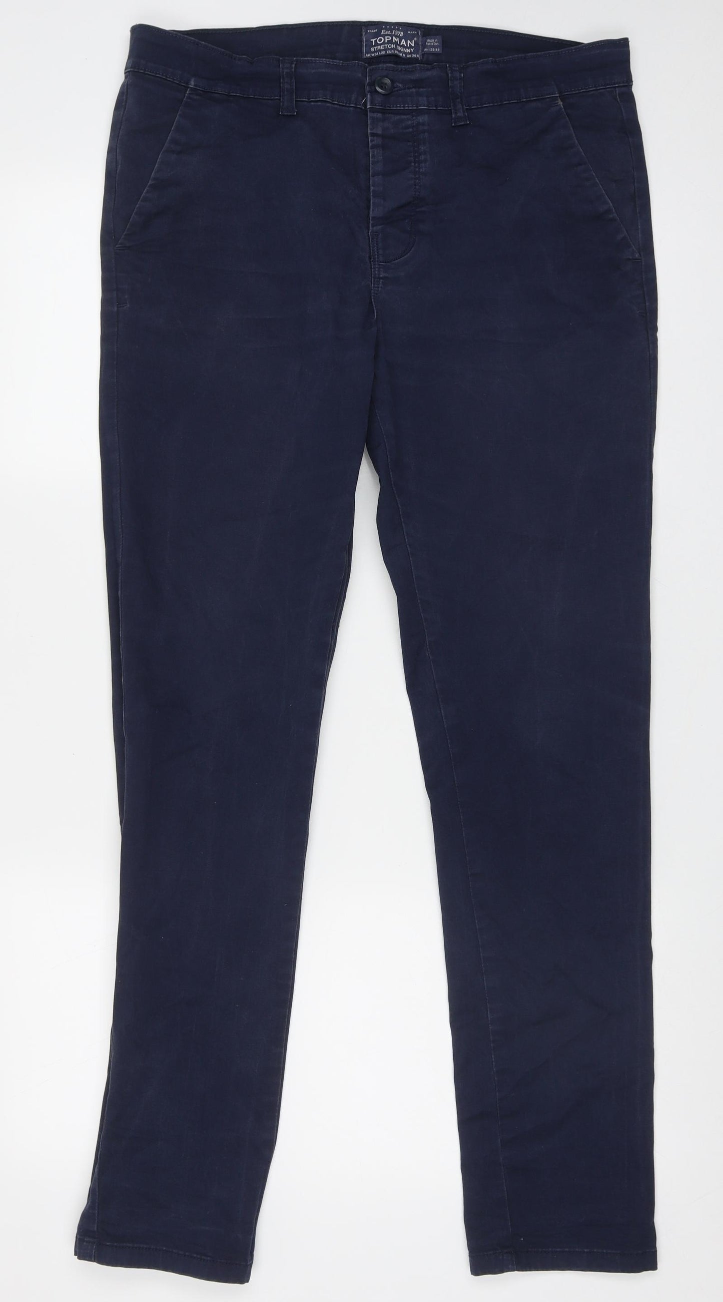 Topman Mens Blue  Cotton Capri Trousers Size 34 L32 in Regular Button