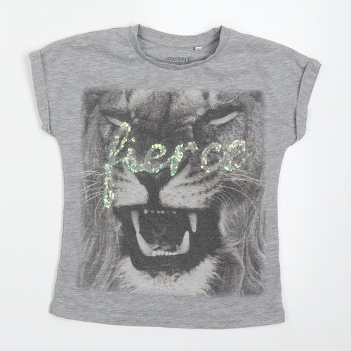 Outfit Girls Grey  Polyester Basic T-Shirt Size 5 Years Crew Neck Pullover - Fierce