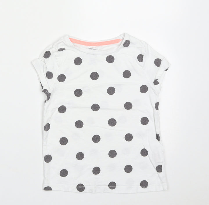 F&F Girls White Polka Dot Cotton Basic T-Shirt Size 4-5 Years Crew Neck Pullover