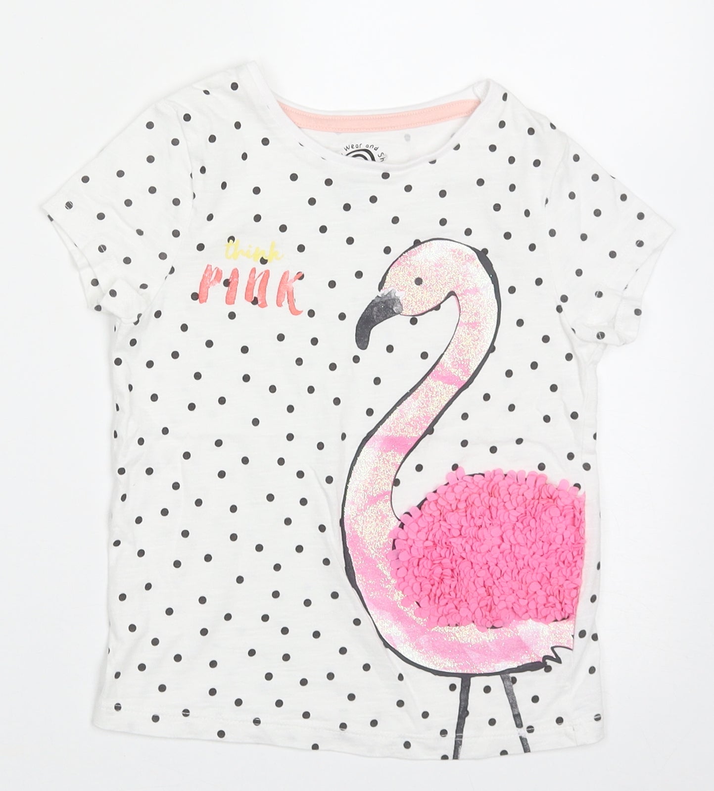 F&F Girls White Polka Dot Cotton Basic T-Shirt Size 4-5 Years Crew Neck Pullover - think pink