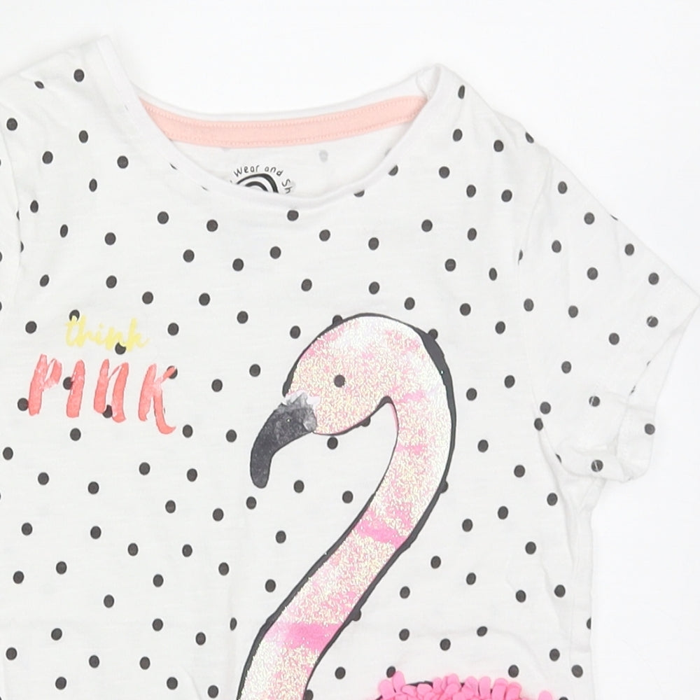 F&F Girls White Polka Dot Cotton Basic T-Shirt Size 4-5 Years Crew Neck Pullover - think pink