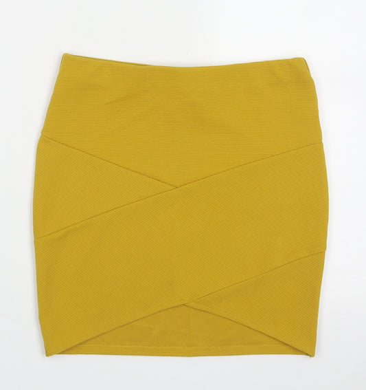 Front view of Forever 21 women’s yellow polyester wrap skirt, size S
