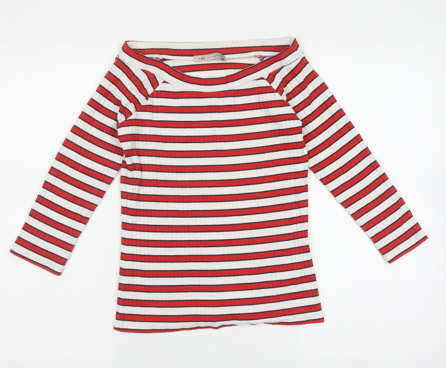 Marks and Spencer Womens Red Striped Cotton Basic T-Shirt Size 10 Boat Neck
